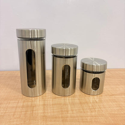 AM7791 TAG STAINLESS STEEL STORAGE JAR SET OF 3 WITH GLASS VIEWING WINDOWS FOR KITCHEN