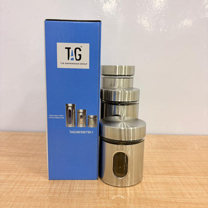 AM7791 TAG STAINLESS STEEL STORAGE JAR SET OF 3 WITH GLASS VIEWING WINDOWS FOR KITCHEN