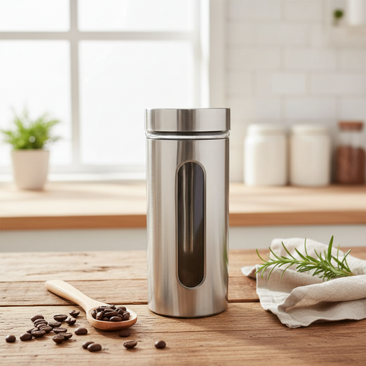 AM7792 TAG TALL STAINLESS STEEL STORAGE JAR WITH GLASS WINDOW FOR ORGANIZED KITCHEN PANTRY STORAGE