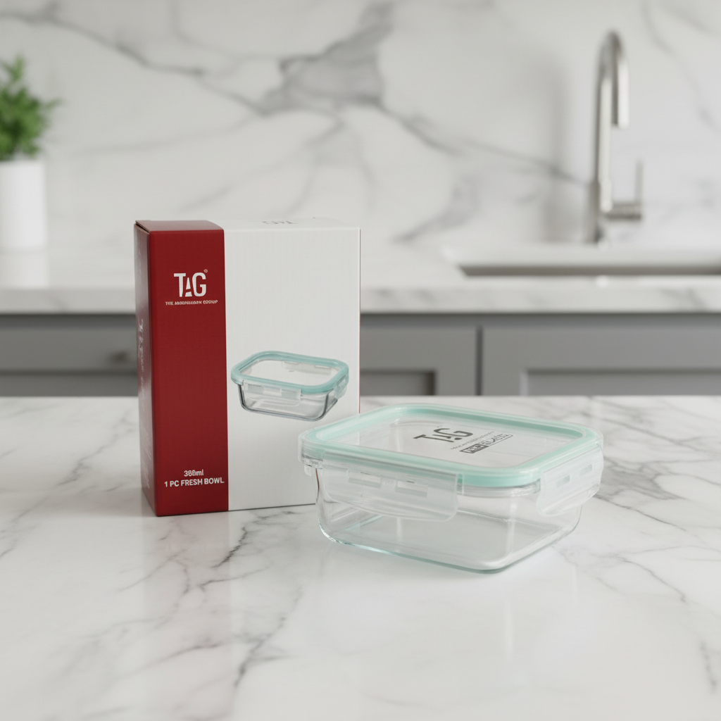 AM7798 TAG RECTANGULAR BOROSILICATE GLASS FOOD CONTAINER WITH AIRTIGHT SEALABLE LID 330ML CAPACITY