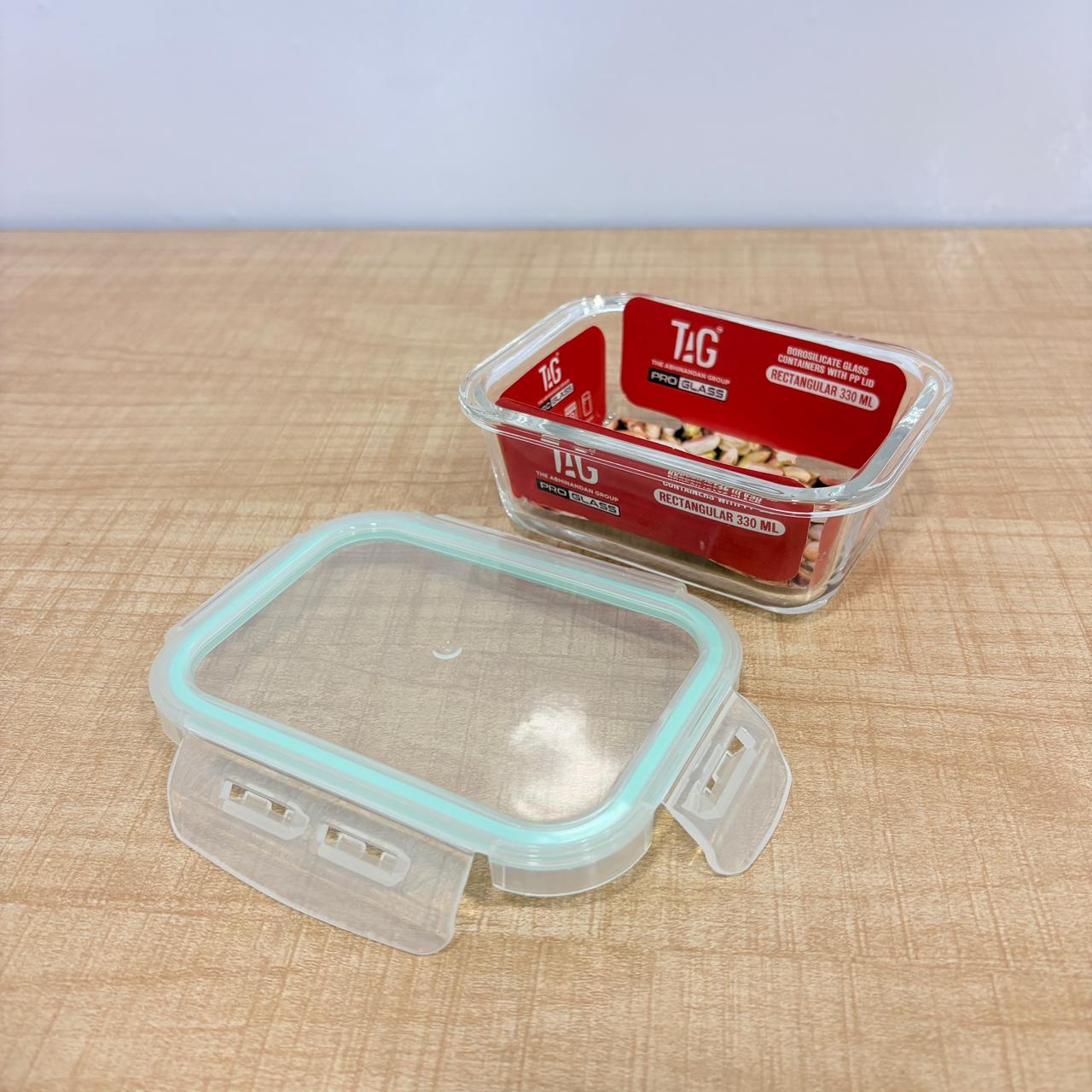 AM7798 TAG RECTANGULAR BOROSILICATE GLASS FOOD CONTAINER WITH AIRTIGHT SEALABLE LID 330ML CAPACITY