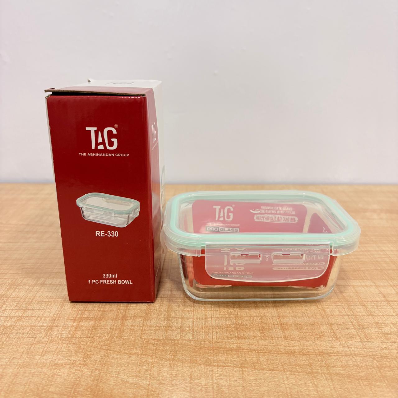 AM7798 TAG RECTANGULAR BOROSILICATE GLASS FOOD CONTAINER WITH AIRTIGHT SEALABLE LID 330ML CAPACITY
