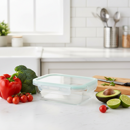 AM7799 TAG RECTANGULAR BOROSILICATE GLASS FOOD CONTAINER WITH AIRTIGHT SEALABLE LID 600ML CAPACITY