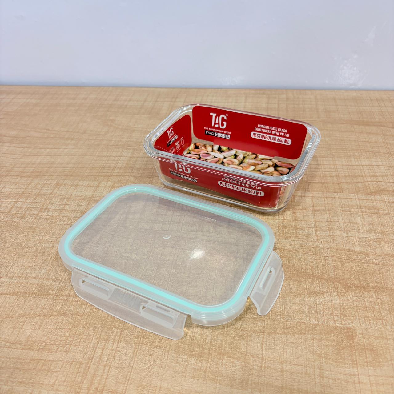 AM7799 TAG RECTANGULAR BOROSILICATE GLASS FOOD CONTAINER WITH AIRTIGHT SEALABLE LID 600ML CAPACITY