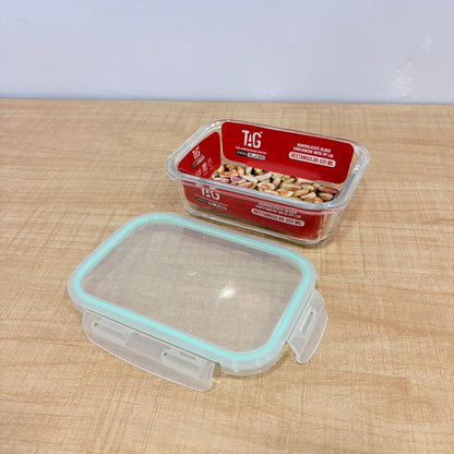 AM7799 TAG RECTANGULAR BOROSILICATE GLASS FOOD CONTAINER WITH AIRTIGHT SEALABLE LID 600ML CAPACITY