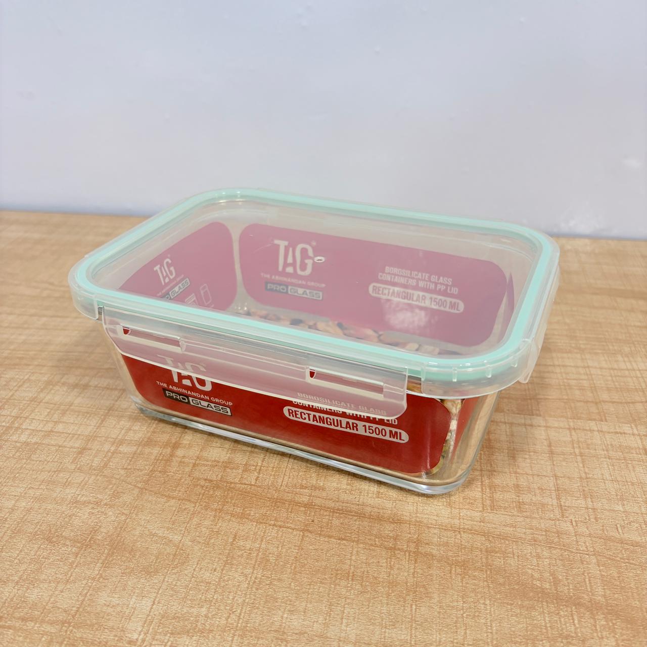 AM7801 TAG RECTANGULAR BOROSILICATE GLASS FOOD CONTAINER WITH AIRTIGHT SEALABLE LID 1500ML CAPACITY
