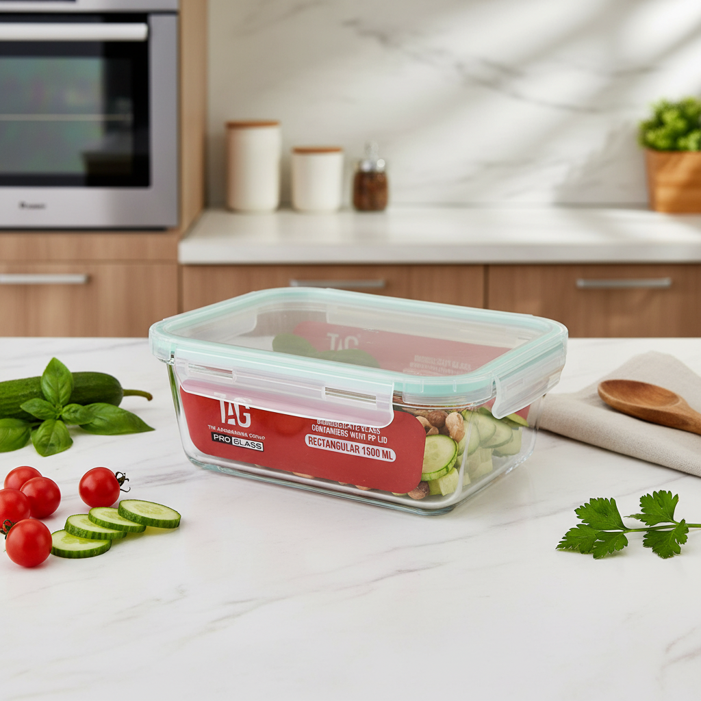 AM7801 TAG RECTANGULAR BOROSILICATE GLASS FOOD CONTAINER WITH AIRTIGHT SEALABLE LID 1500ML CAPACITY