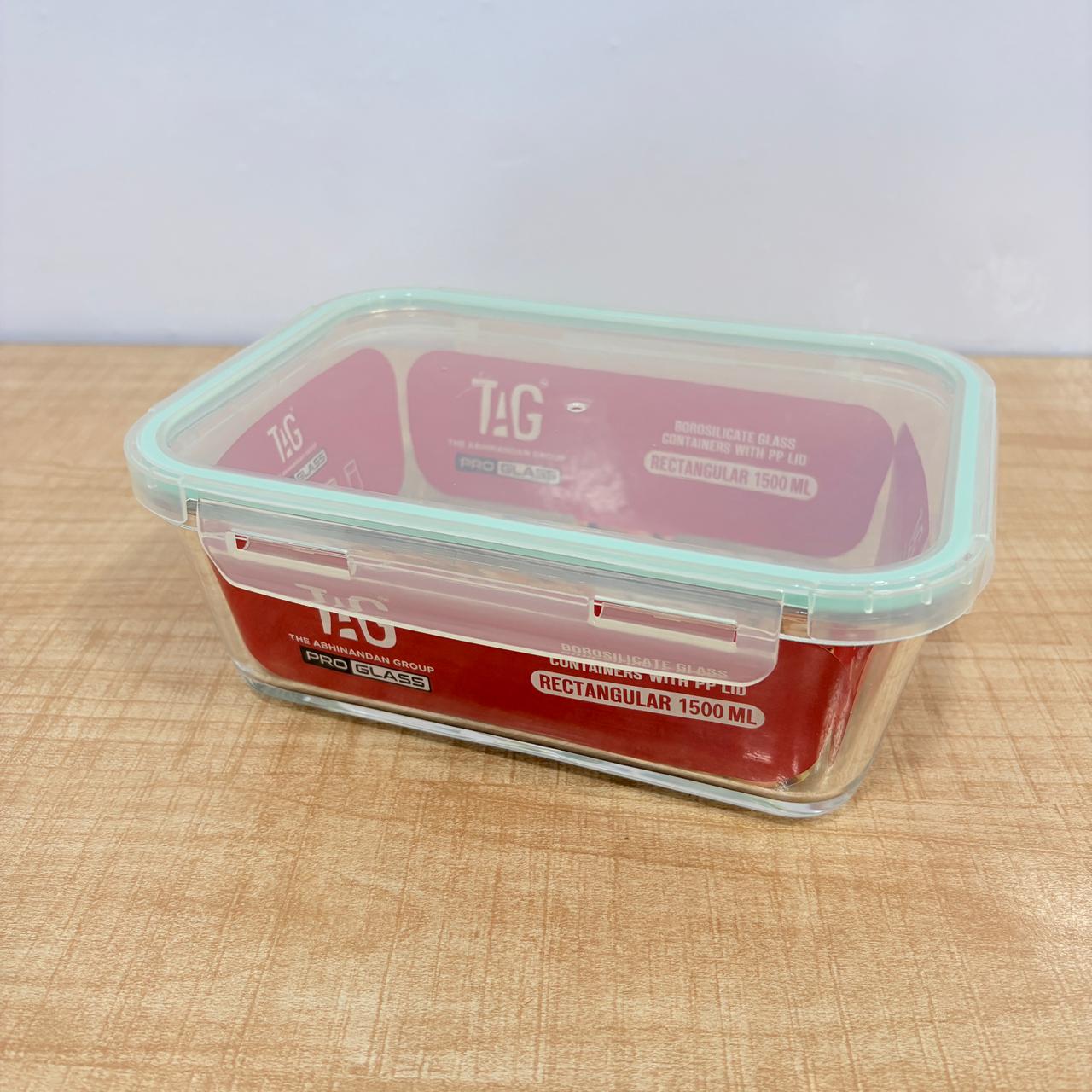 AM7801 TAG RECTANGULAR BOROSILICATE GLASS FOOD CONTAINER WITH AIRTIGHT SEALABLE LID 1500ML CAPACITY