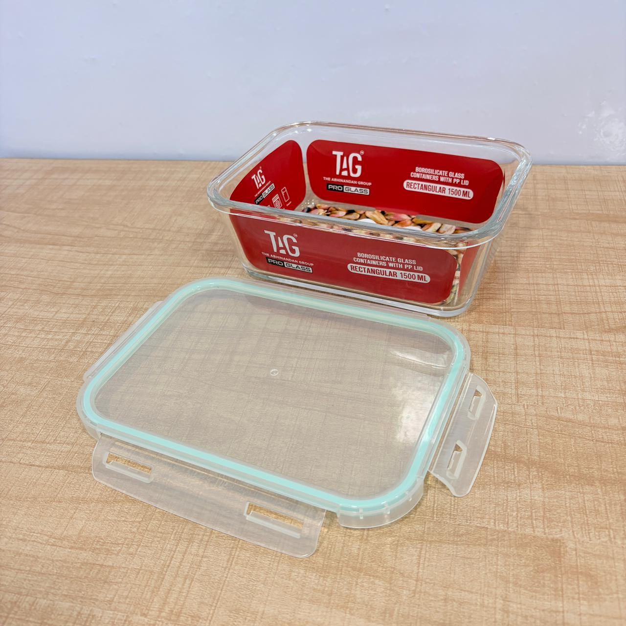 AM7801 TAG RECTANGULAR BOROSILICATE GLASS FOOD CONTAINER WITH AIRTIGHT SEALABLE LID 1500ML CAPACITY