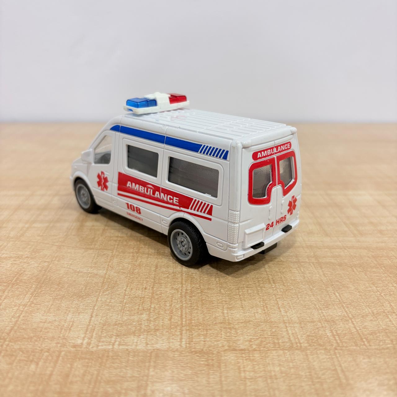 AM7819 108 Emergency Pull-Back Ambulance Toy Van with Internal LED Lights