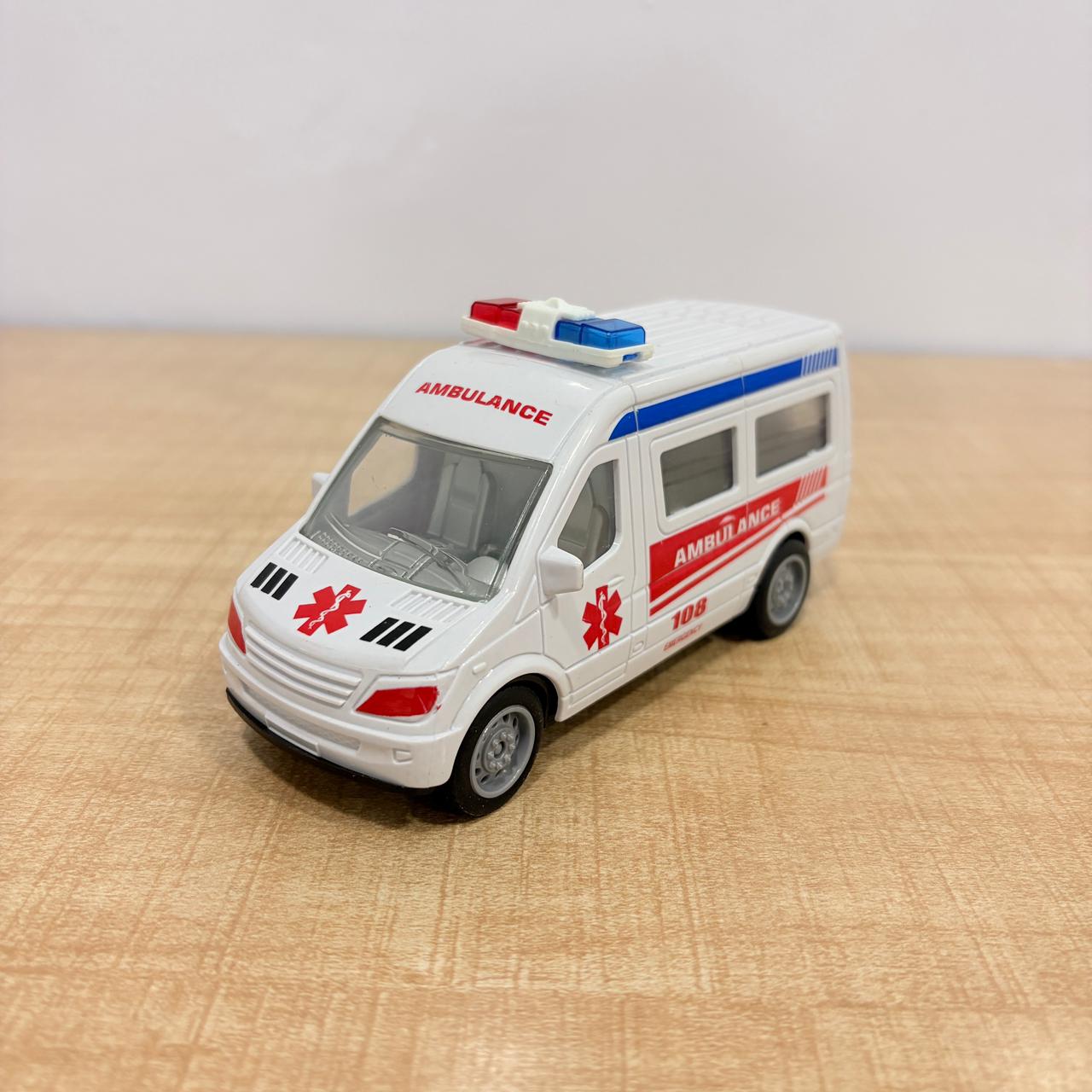 AM7819 108 Emergency Pull-Back Ambulance Toy Van with Internal LED Lights