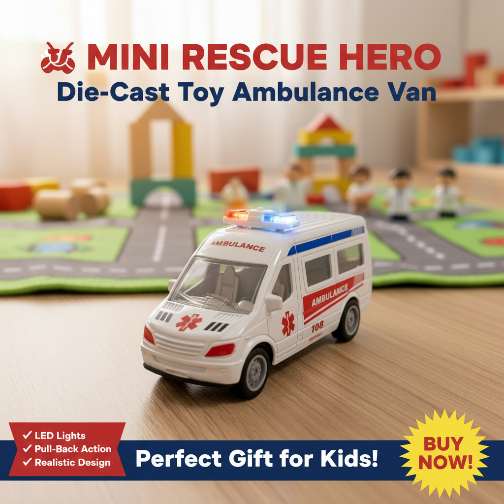 AM7819 108 Emergency Pull-Back Ambulance Toy Van with Internal LED Lights