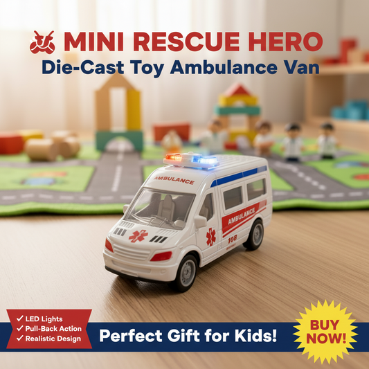 AM7819 108 Emergency Pull-Back Ambulance Toy Van with Internal LED Lights