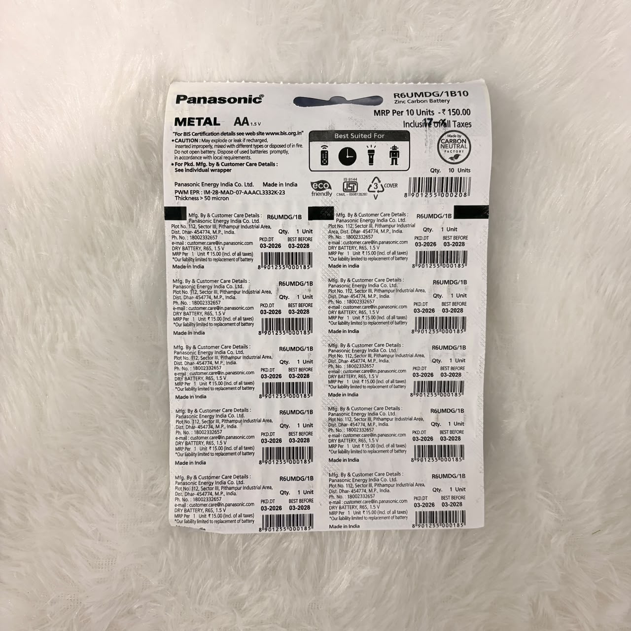 A06569 Panasonic AA Metal Zinc Carbon Batteries (1.5V, Pack of 1)