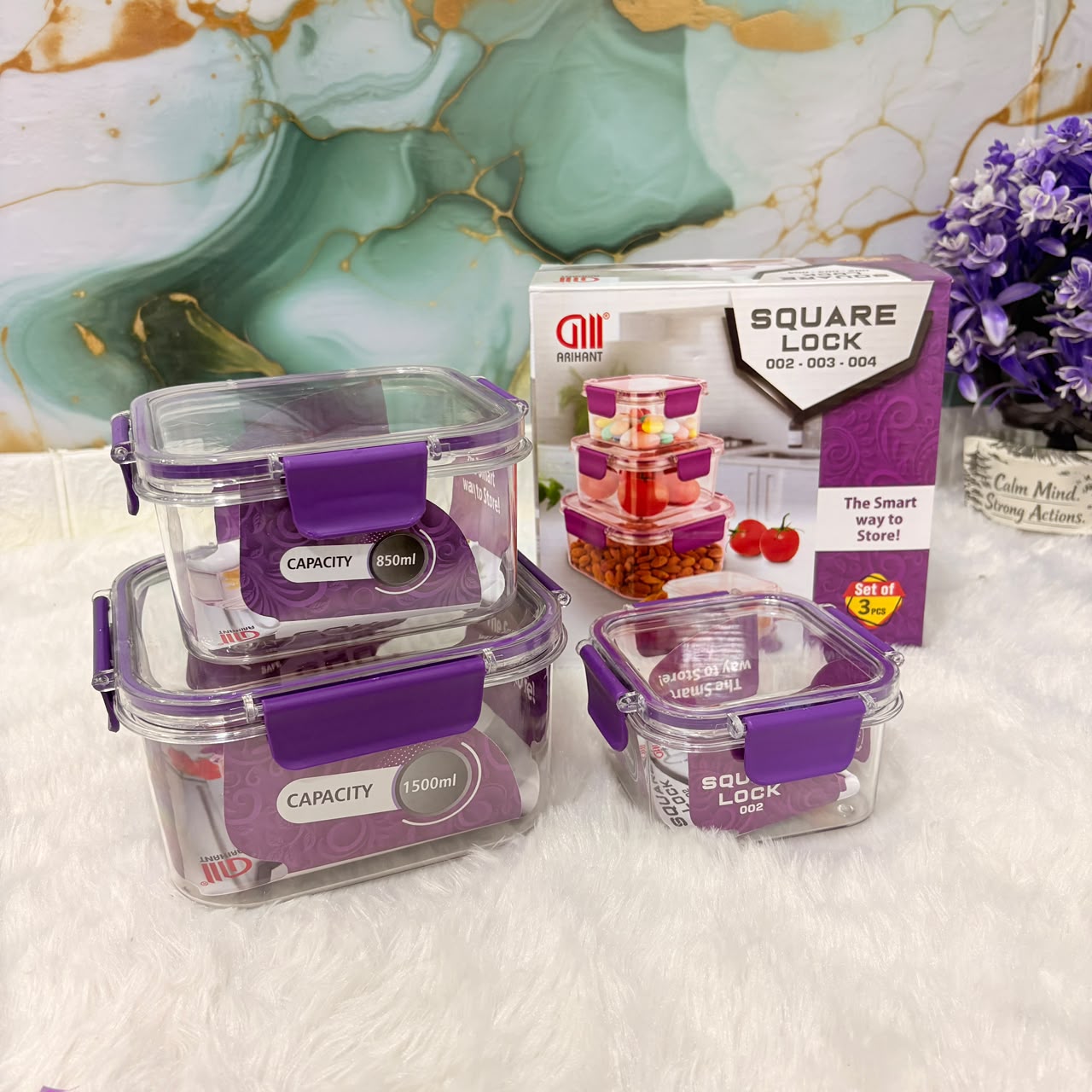 A06647 Square Lock Airtight Storage Container Set (Set of 3 Pcs - 1500ml, 850ml, & 400ml)