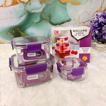 A06647 Square Lock Airtight Storage Container Set (Set of 3 Pcs - 1500ml, 850ml, & 400ml)