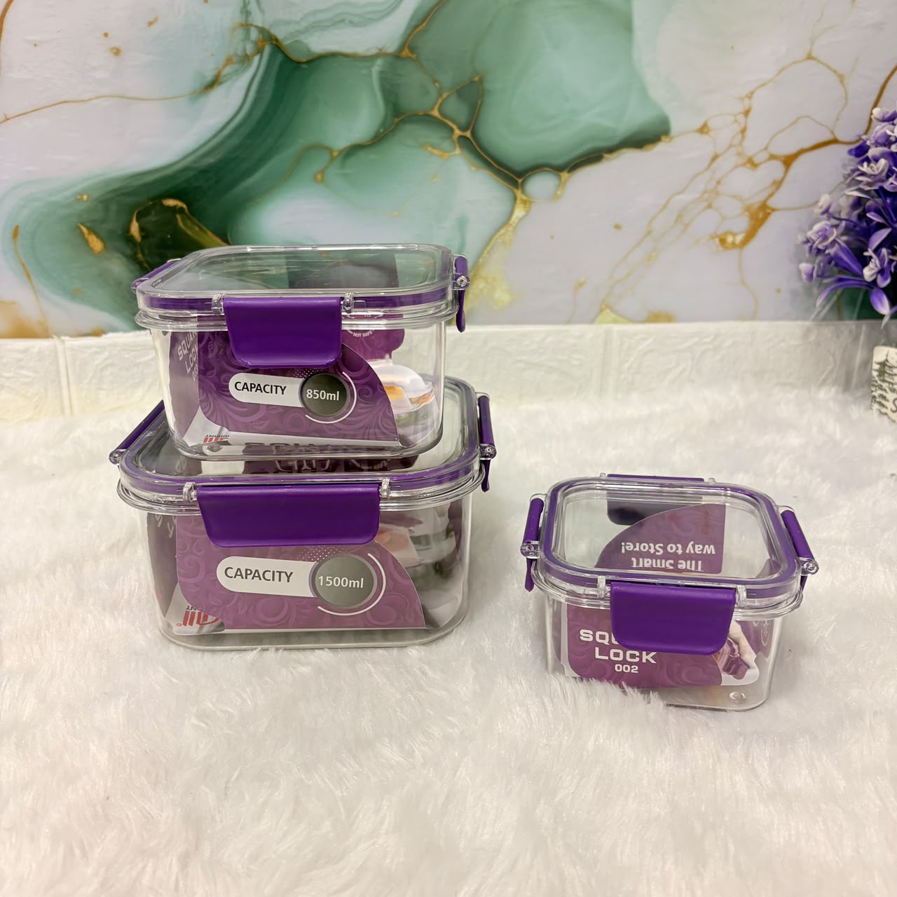 A06647 Square Lock Airtight Storage Container Set (Set of 3 Pcs - 1500ml, 850ml, & 400ml)