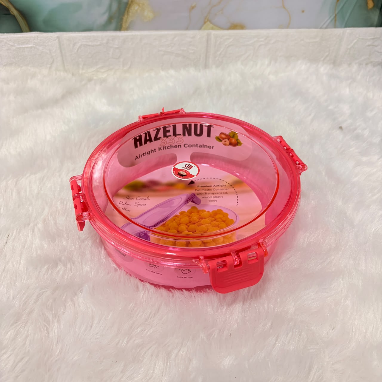 A06642 HAZELNUT 333 Round Airtight PET Plastic Kitchen Container with 4-Side Lock Lid