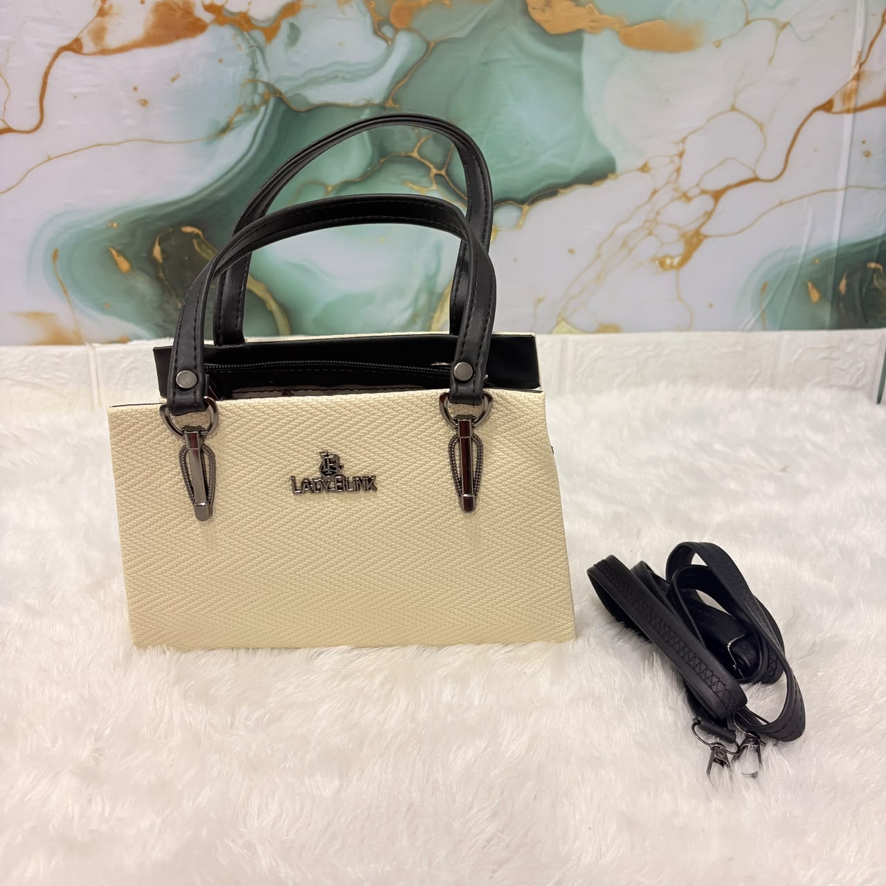 A06690 LADY BLINK Textured Cream & Black Dual-Tone Handbag with Adjustable Sling Strap