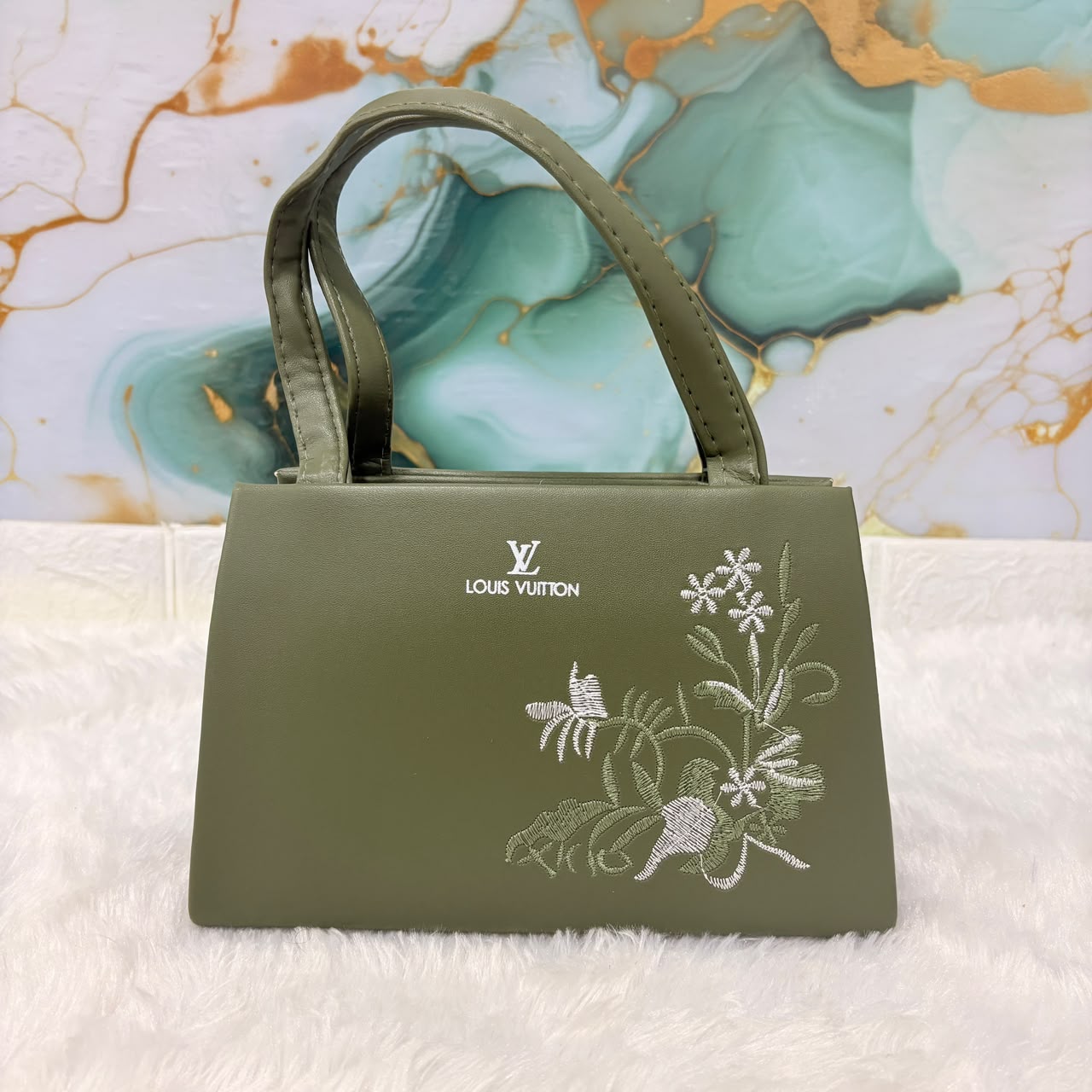 A06691 Women's Olive Green Floral Embroidered Handbag with Detachable Shoulder Strap
