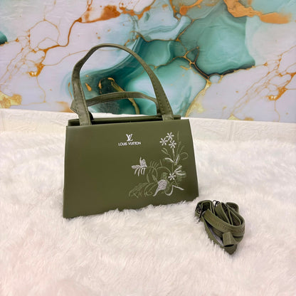 A06691 Women's Olive Green Floral Embroidered Handbag with Detachable Shoulder Strap