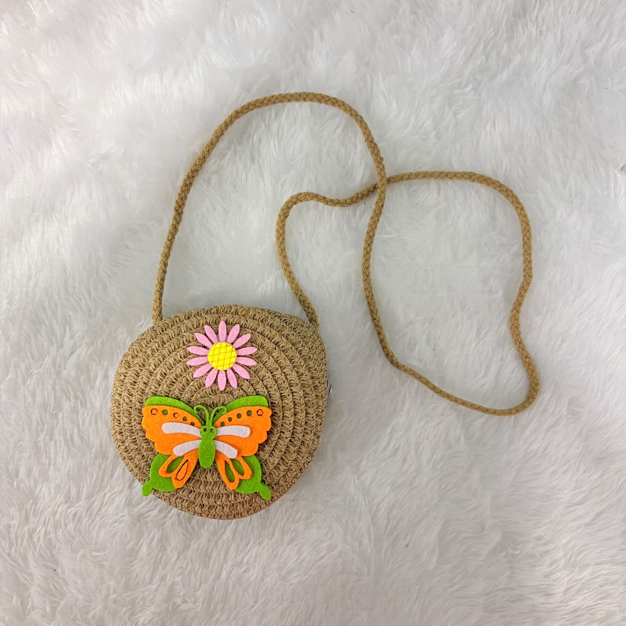 A06693 Kids' Round Straw Crossbody Bag with Butterfly & Flower Sling Bag