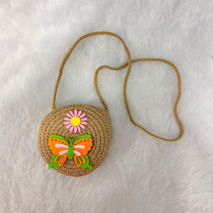 A06693 Kids' Round Straw Crossbody Bag with Butterfly & Flower Sling Bag