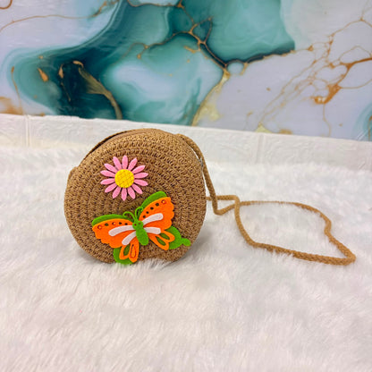 A06693 Kids' Round Straw Crossbody Bag with Butterfly & Flower Sling Bag