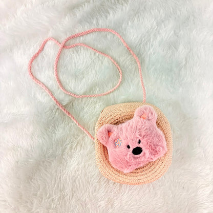A06695 Cute Plush Bear Straw Crossbody Shoulder Bag for Girls & Toddlers