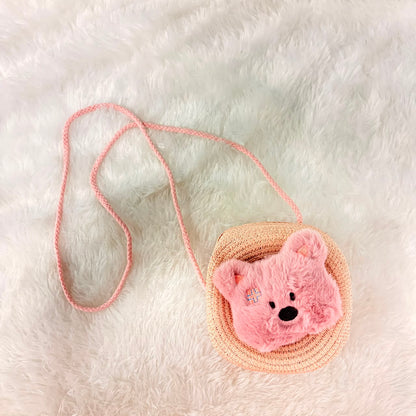 A06695 Cute Plush Bear Straw Crossbody Shoulder Bag for Girls & Toddlers