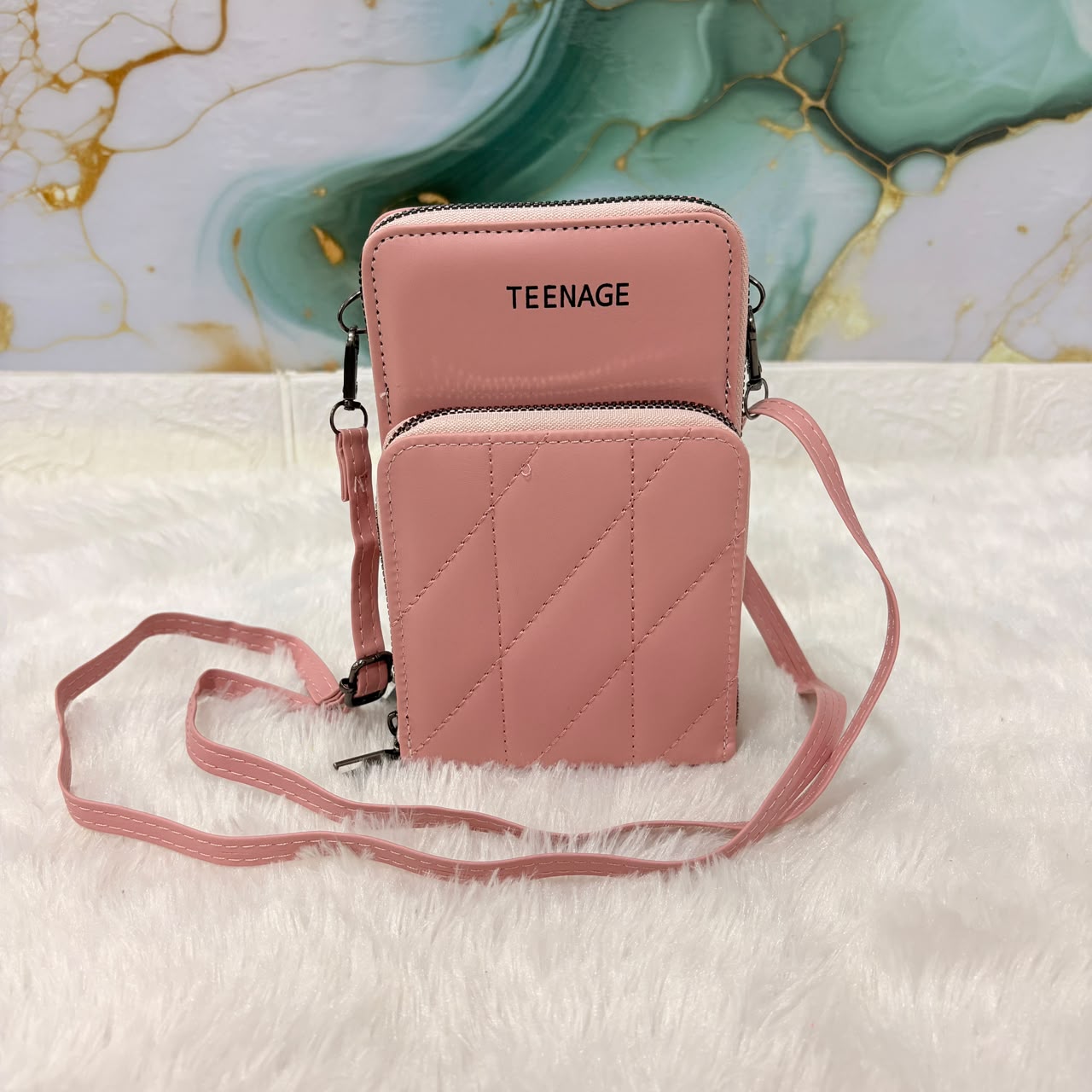 A06696 Stylish Pink Quilted Crossbody Sling Bag & Mobile Wallet for Women & Girls