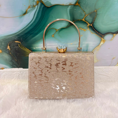 A06700 Shiny Glitter Shimmer Box Clutch Bag with Gold Ring Handle & Crystal Closure