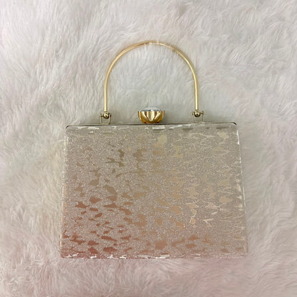 A06700 Shiny Glitter Shimmer Box Clutch Bag with Gold Ring Handle & Crystal Closure