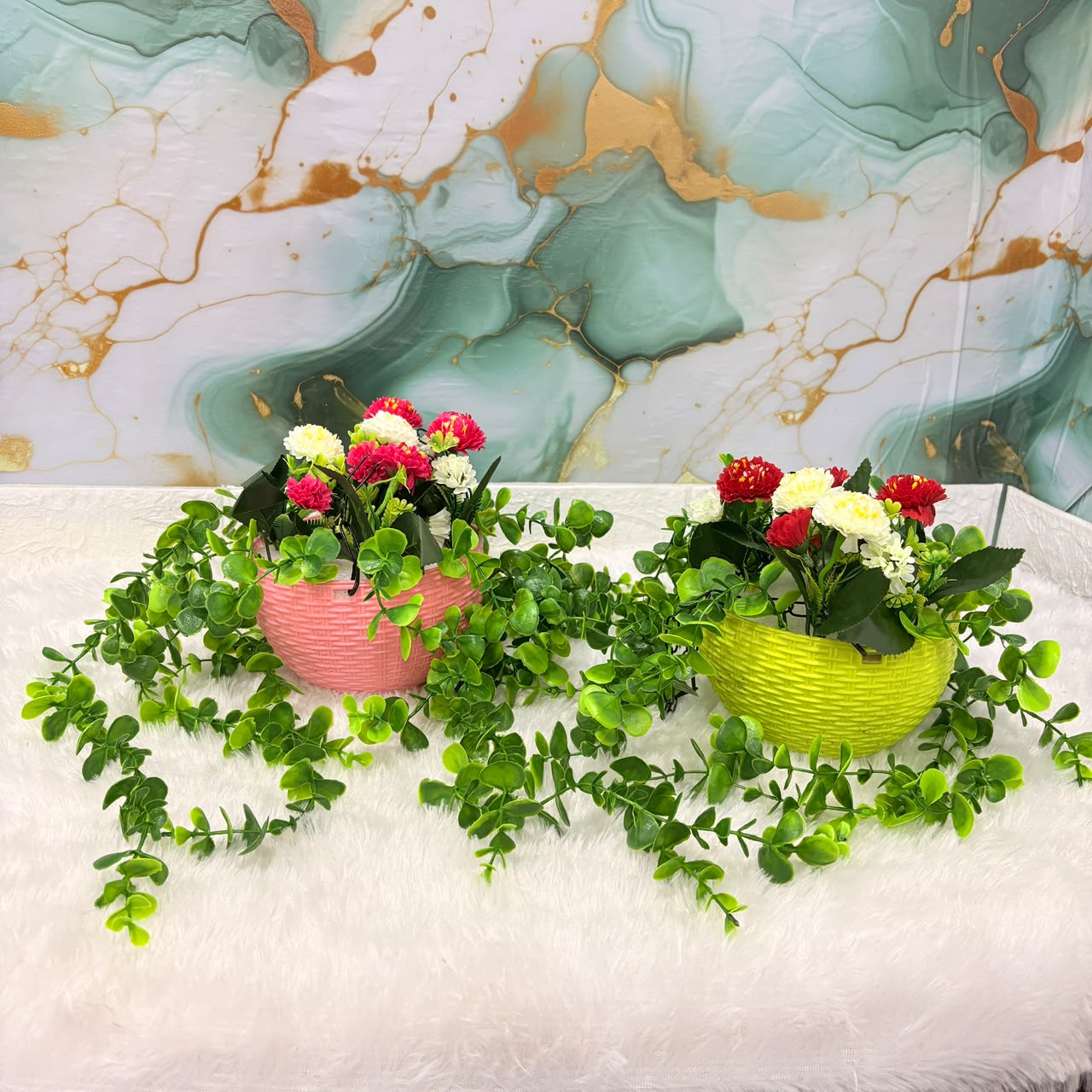 A06689 Artificial Hanging Plant Basket with Trails & Flowers for Home & Garden Decor