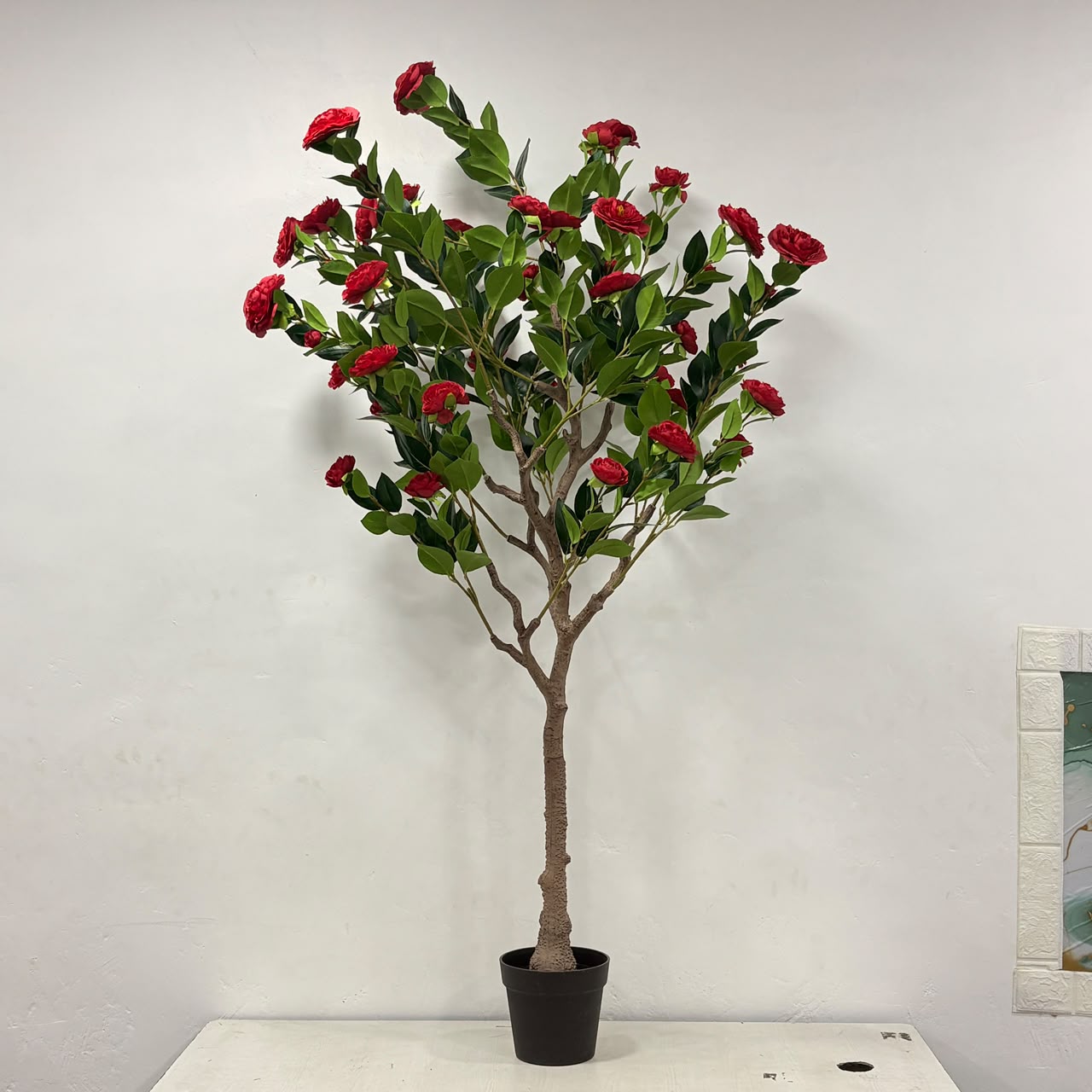A06682 Artificial Red Rose Flowering Tree in Black Pot