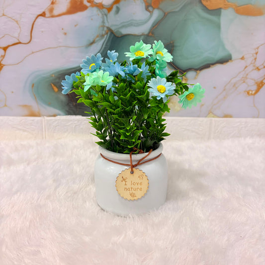 A06686 Artificial Daisy Flower Plant in Ceramic Pot with "I Love Nature" Wooden Tag for Home & Desk Decor