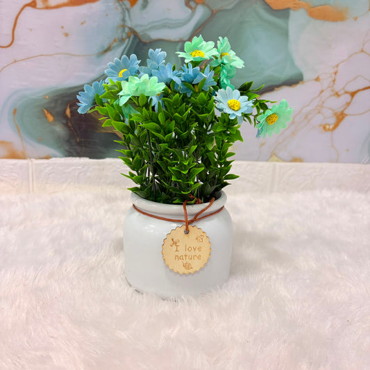 A06686 Artificial Daisy Flower Plant in Ceramic Pot with "I Love Nature" Wooden Tag for Home & Desk Decor
