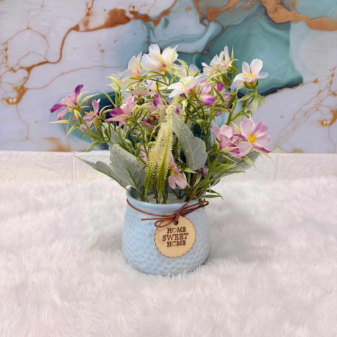 A06687 Artificial Wildflower Bouquet in Textured Blue Pot with "Home Sweet Home" Tag