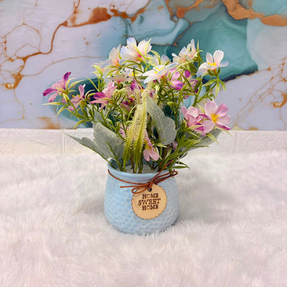 A06687 Artificial Wildflower Bouquet in Textured Blue Pot with "Home Sweet Home" Tag