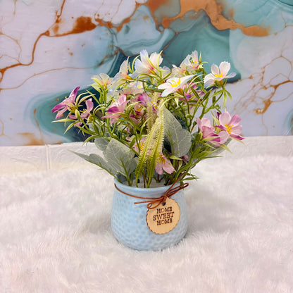 A06687 Artificial Wildflower Bouquet in Textured Blue Pot with "Home Sweet Home" Tag
