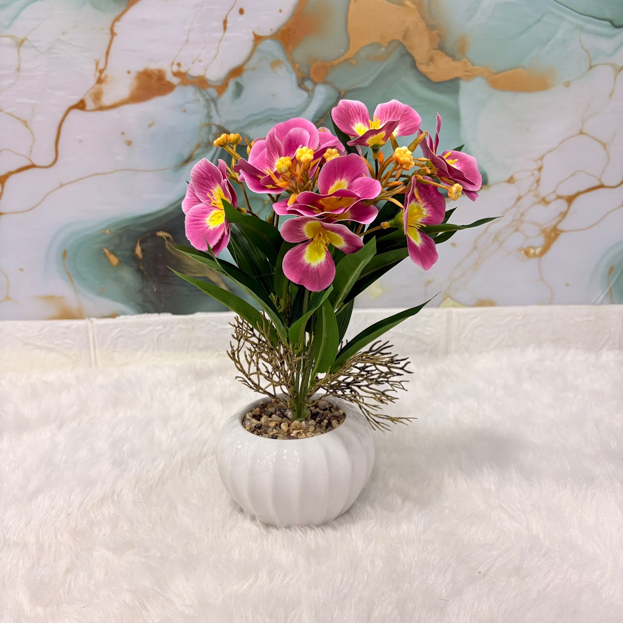 A06688 Artificial Pink Blossom Flowers in White Ceramic Pot for Home & Desk Decor