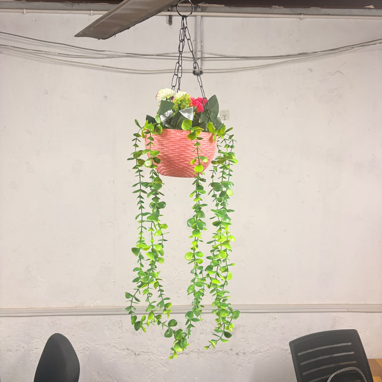 A06689 Artificial Hanging Plant Basket with Trails & Flowers for Home & Garden Decor