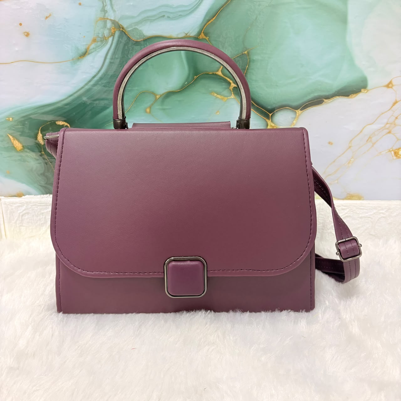 A06701 Women’s Mauve PU Leather Structured Crossbody Handbag with Metallic Top Handle