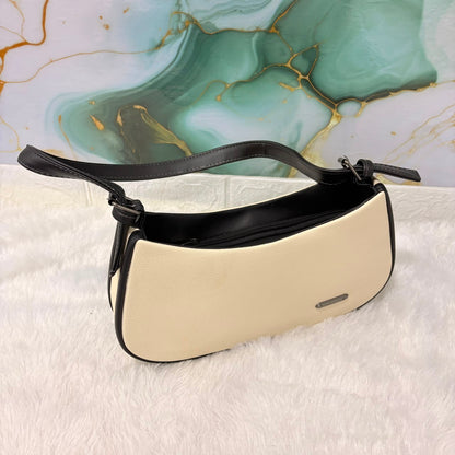 A06702 Elegant Dual-Tone Canvas & Faux Leather Crescent Shoulder Bag for Women