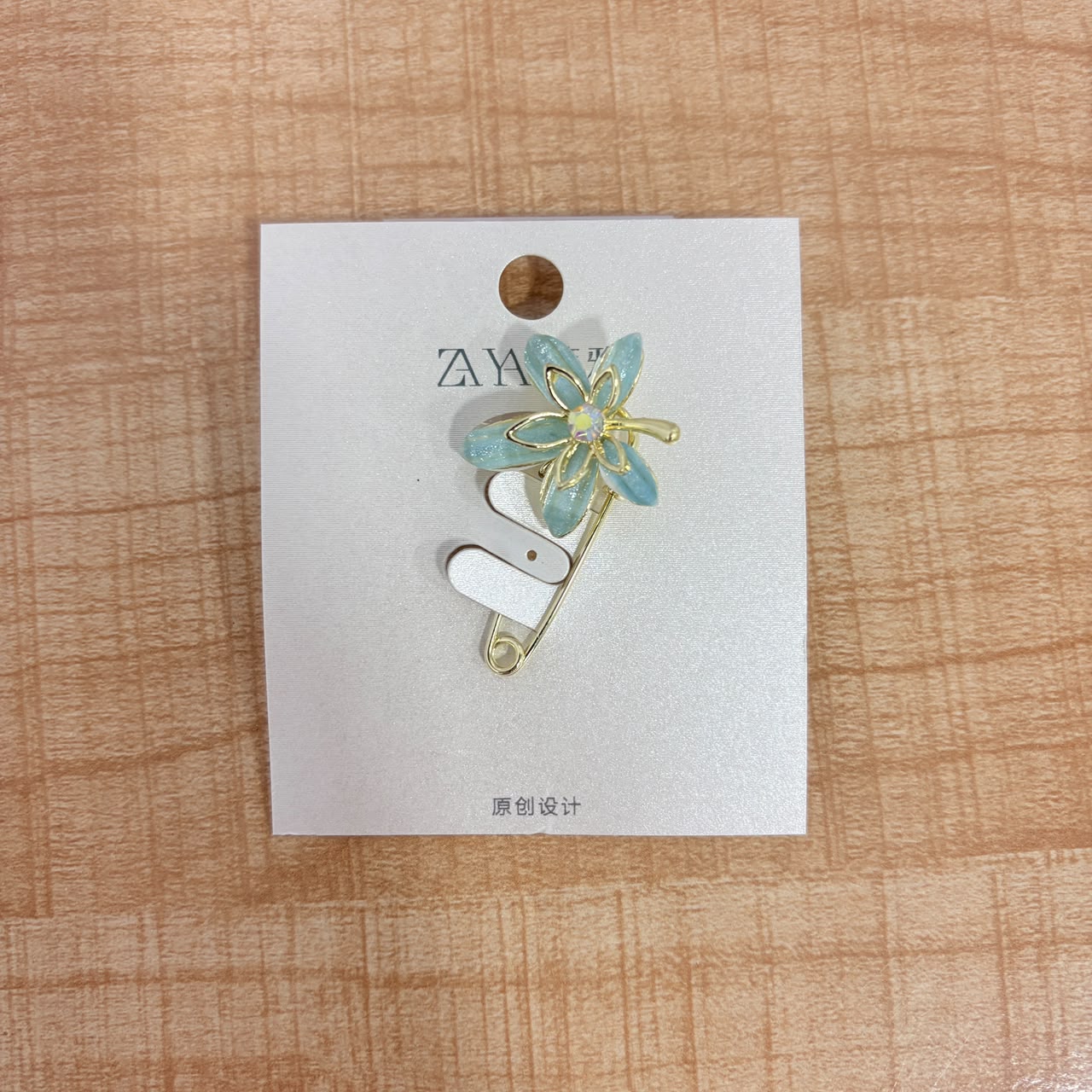 A06708 Elegant Light Blue Floral Safety Pin Brooch with Crystal Center