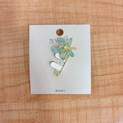 A06708 Elegant Light Blue Floral Safety Pin Brooch with Crystal Center