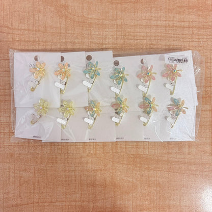 A06708 Elegant Light Blue Floral Safety Pin Brooch with Crystal Center
