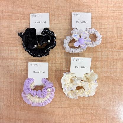 A06718 2Pc Cute Flower & Pearl Elastic Hair Scrunchies Set for Women & Girls