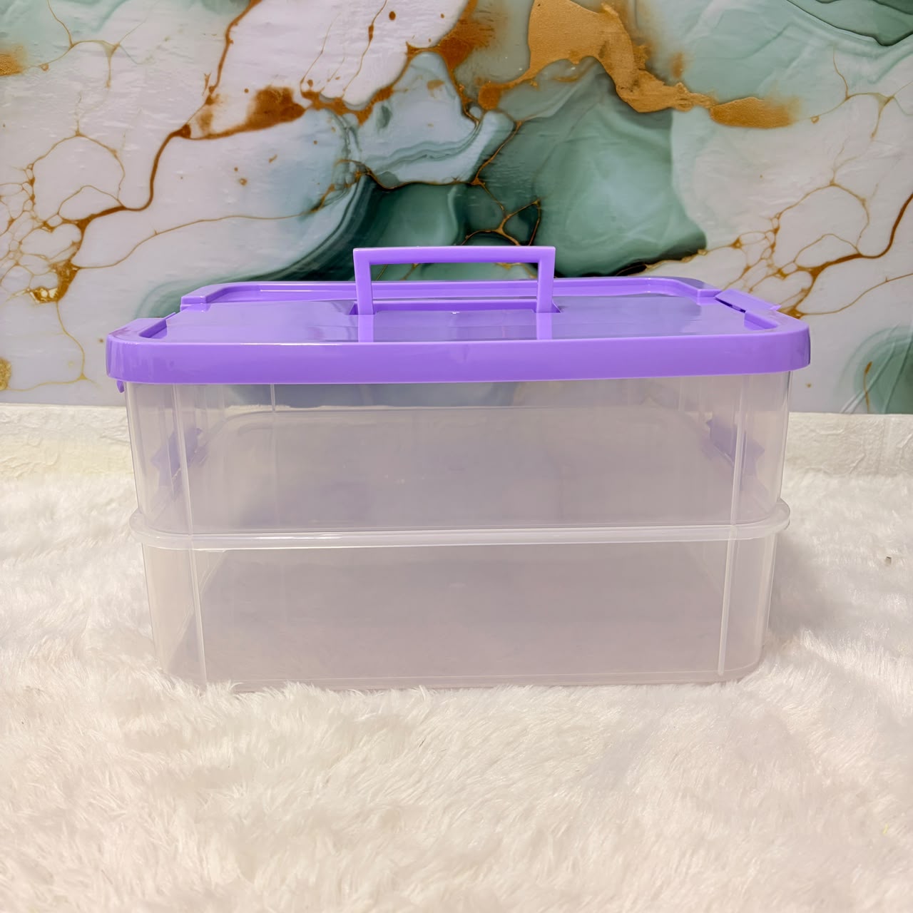 A06751 2xl Clear Plastic Transperent Organizer Box with Purple Lid & Carrying Handle