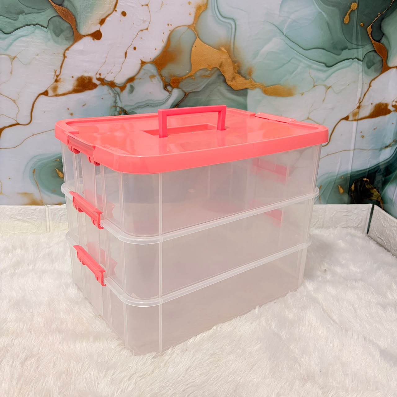 A06752 3xl Clear Plastic Transperent Organizer Box with Purple Lid & Carrying Handle
